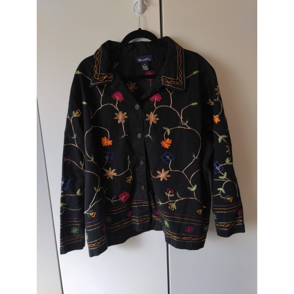 Vrg Denim and Co Womens Floral Embroidered Button Up Jacket Size 3x Black 90s